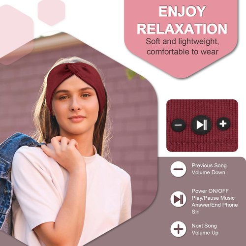 BULYPAZY 2-Pack Headband Headphones with Thin HD Speakers, Bluetooth Headband for Women, Stylish Knotted Headband, Comfortable Headband for Workout, Running, Yoga, Travel, Meditation - Red&Black