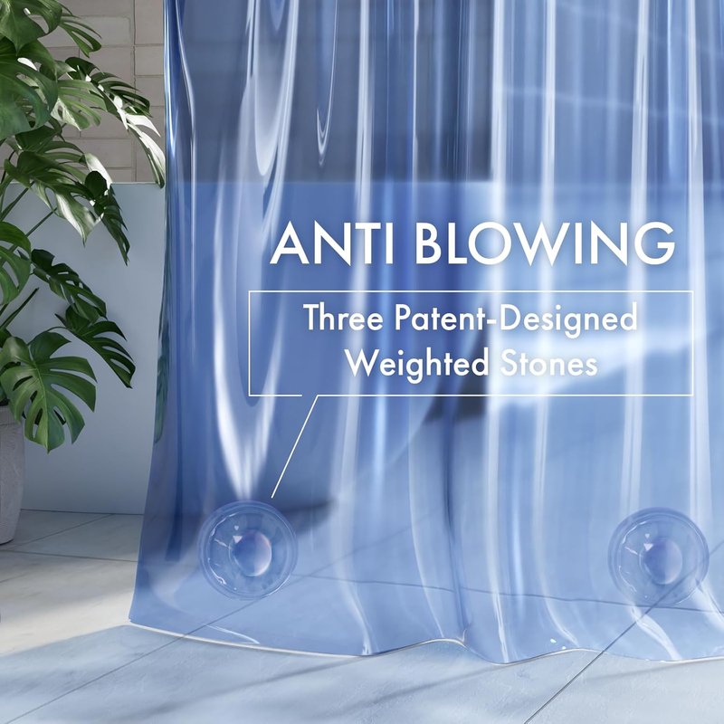 AmazerBath No Hook Shower Curtain - Luxury Heavy Duty Clear Blue 72x75 EVA Liner with 3 Weights