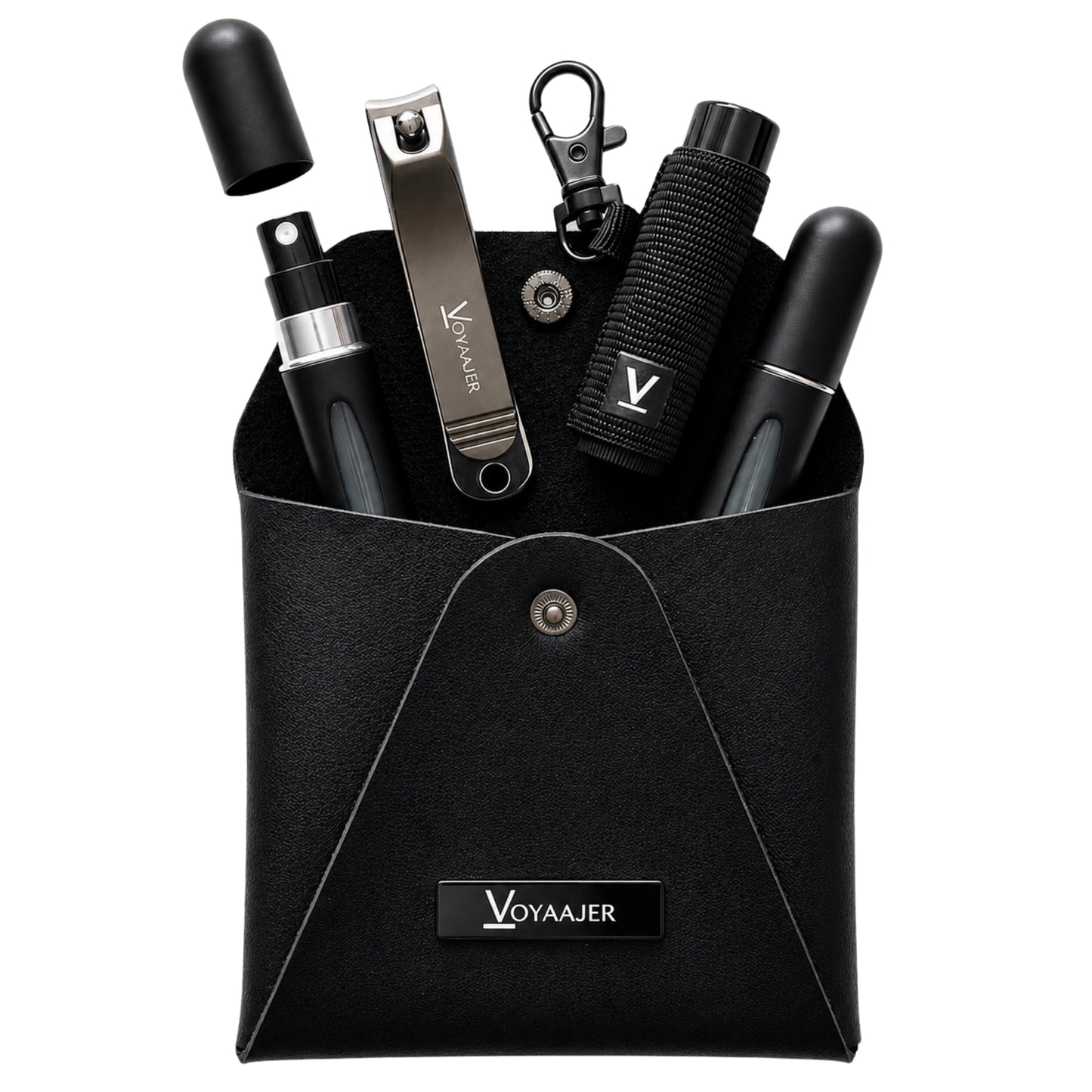 Voyaajer Noir 5 Piece Essential Set | 2-Black 5ML Refillable Cologne-Perfume Atomizers | 1-Black Vegan Leather Case | 1-Black Lip Balm Sleeve Holder | 1-Nail Clipper | Reusable and TSA Compliant.