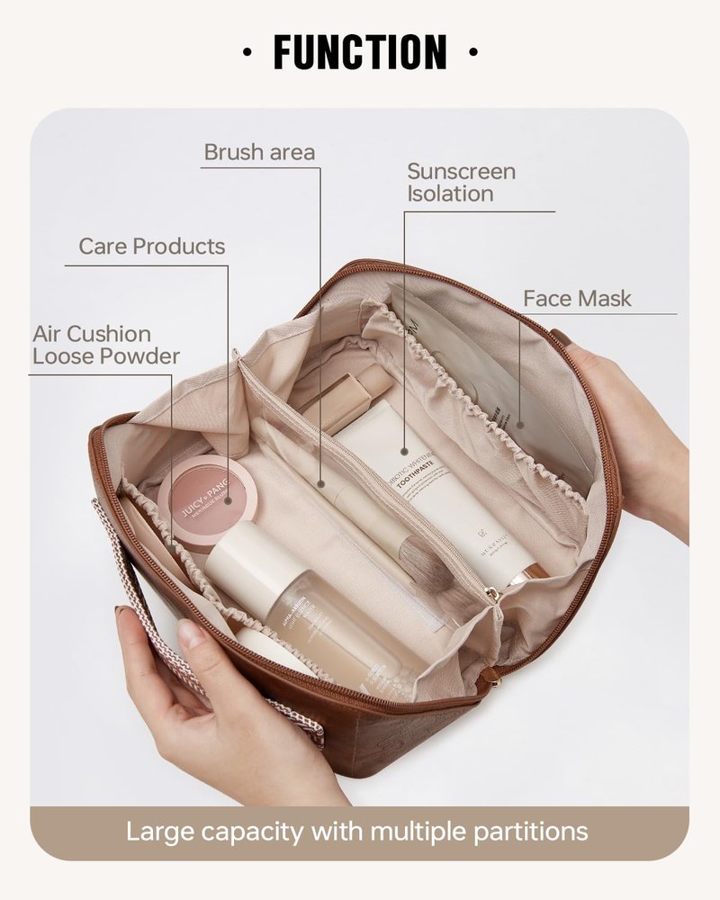 EACHY Travel Makeup Bag, Large Capacity Cosmetic Bags for Women, Waterproof Portable Open Flat Toiletry Bag Make up Bag with Divider and Handle, Gifts for Women (I-Brown, Medium)