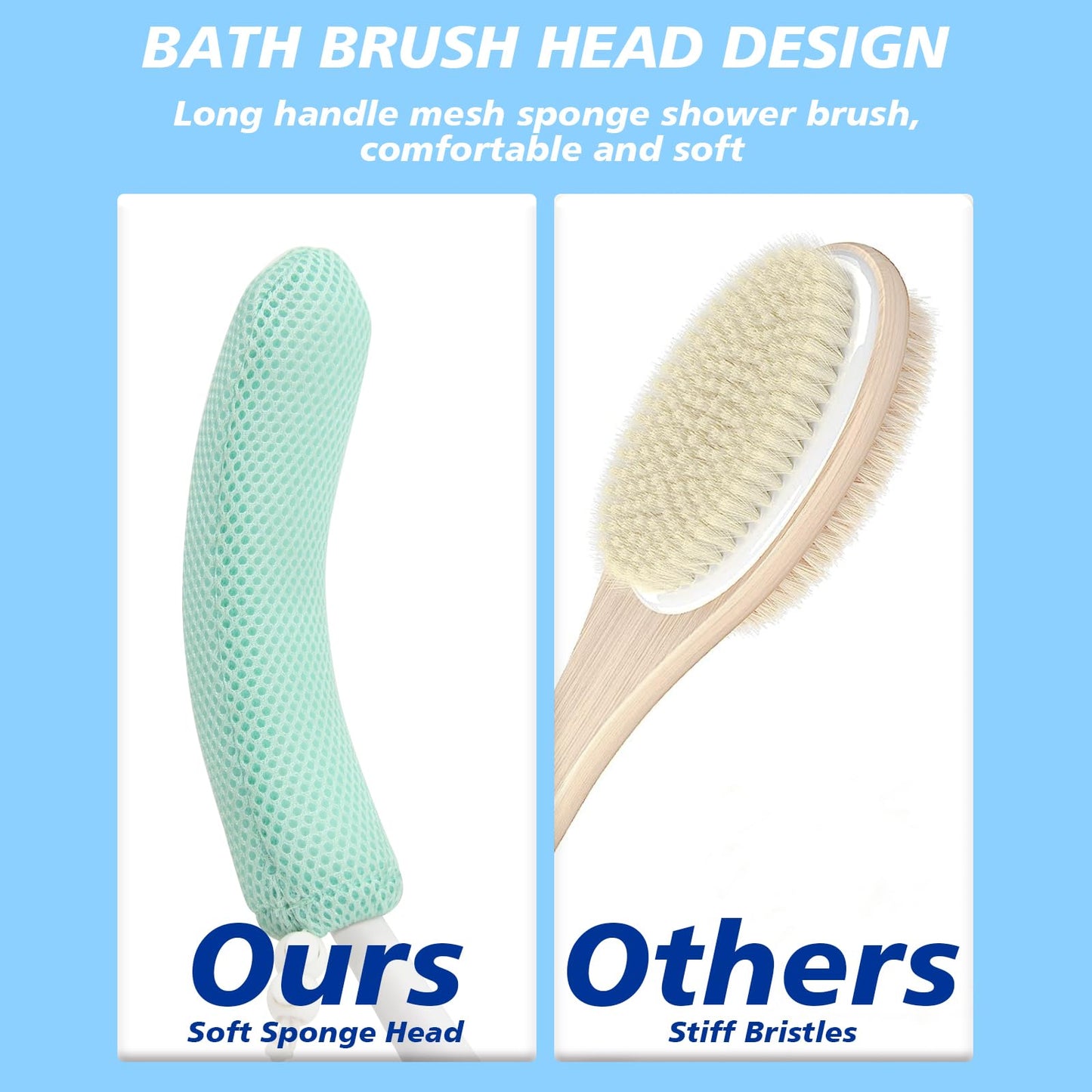 KkaFFe Shower Brush with Long Handle，15.35" Back Brush，Long Back Scrubber for Men Women，Long Handled Sponge Body Exfoliator, Loofah Back Scrubber for Aid Bathing