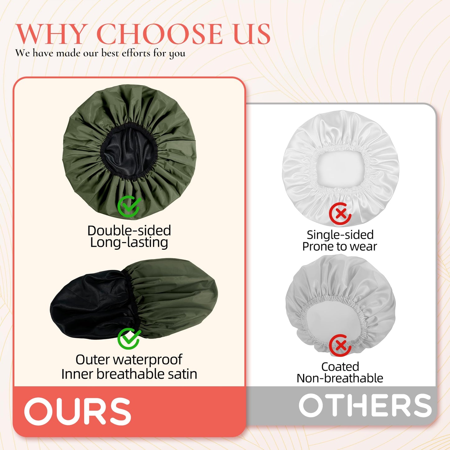 Extra Large Shower Cap for Women, Reusable Waterproof Shower Bonnet with Satin Lining, Double Layer Washable Bath Hair Cap for Braids, Locs, Long Thick Curly Hair, Natural Hair(Big Green)