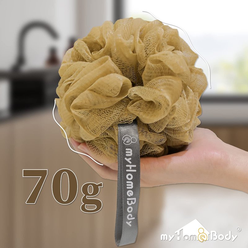 myHomeBody Large 70g Loofah Sponge, Body Scrubber, Bath Sponge, Loofah for Women, Men, Exfoliating Sponge Shower Pouf with Activated Charcoal - 2 Oat Milk + 1 Caramel, 3 Pack