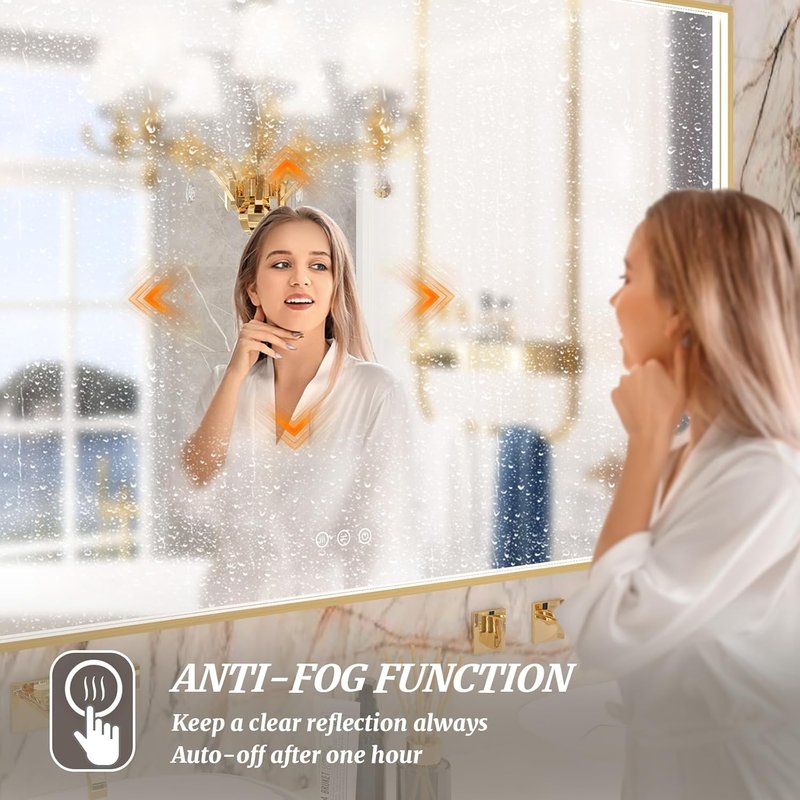 Gold Metal Framed LED Bathroom Mirror by [Brand Name] - 55x32 Inch Lighted Vanity Mirror with Anti-Fog & Dimmable Features