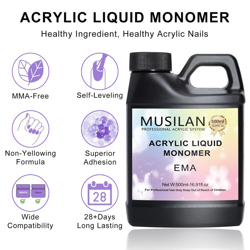 MUSILAN Monomer Acrylic Nail Liquid, Professiona 16.9oz Monomer Liquid for Acrylic Nail Sets and Acrylic Nail System Kit,MMA Free Monomer, Non-Yellowing Acrylic Liquid for Nails Salon DIY & Technician