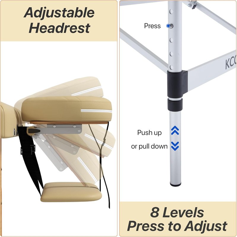 KCC Memory Foam Portable Massage Table - Foldable Height Adjustable Lash Bed | 28" Wide, Lightweight Aluminum, Beige