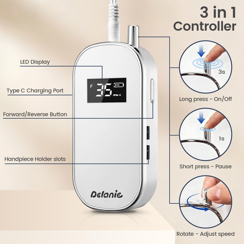 Delanie Nail Drill 35000 RPM, Portable E-File Fast Removal for Acrylics, Gel Extensions & Dip Powder, Electric Nail File for Home User, Beginner, Mobile Nail Tech & Salon, Manicure Pedicure Tool