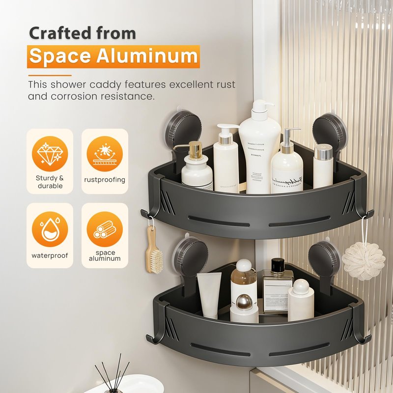 PHX Grove Corner Shower Caddy 2-Pack, Suction Cup Shower Organizer with Hooks, No Drilling Rustproof Aluminum Floating Wall Shelf, Gun Grey, Triangular (Triangular)