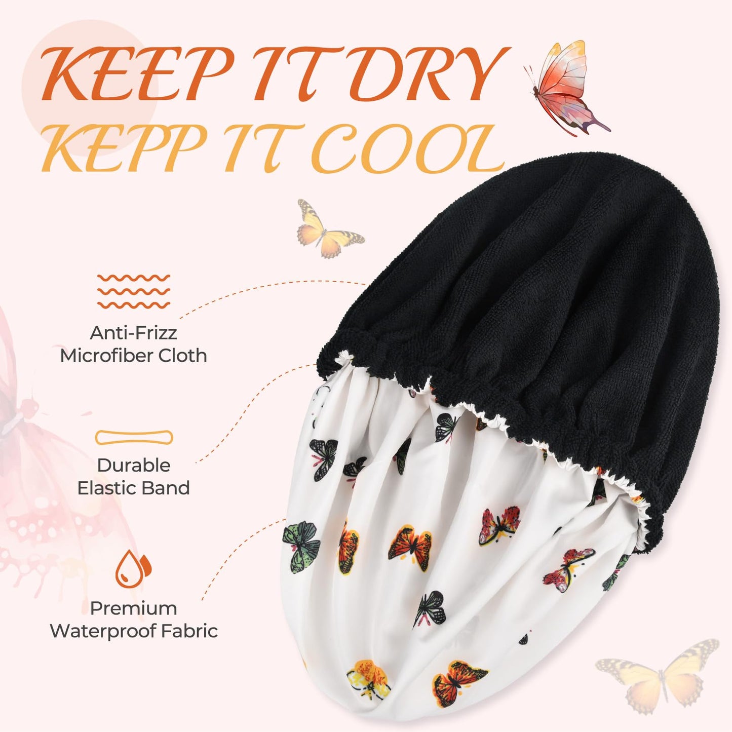 Shower Cap for Women Terry Lined Bath Cap Large Reusable Waterproof Elastic Band Butterfly Shower Caps for Long Thick Hair Soft Bath Shower Hair Caps