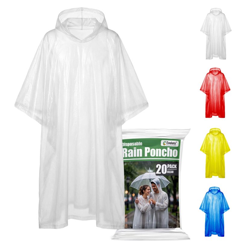 Evelots Rain Poncho for Adults - Disposable Clear Raincoat with Hood - 20 Pack, Unisex, Lightweight & Waterproof for Camping, Travel, Emergencies – Clear