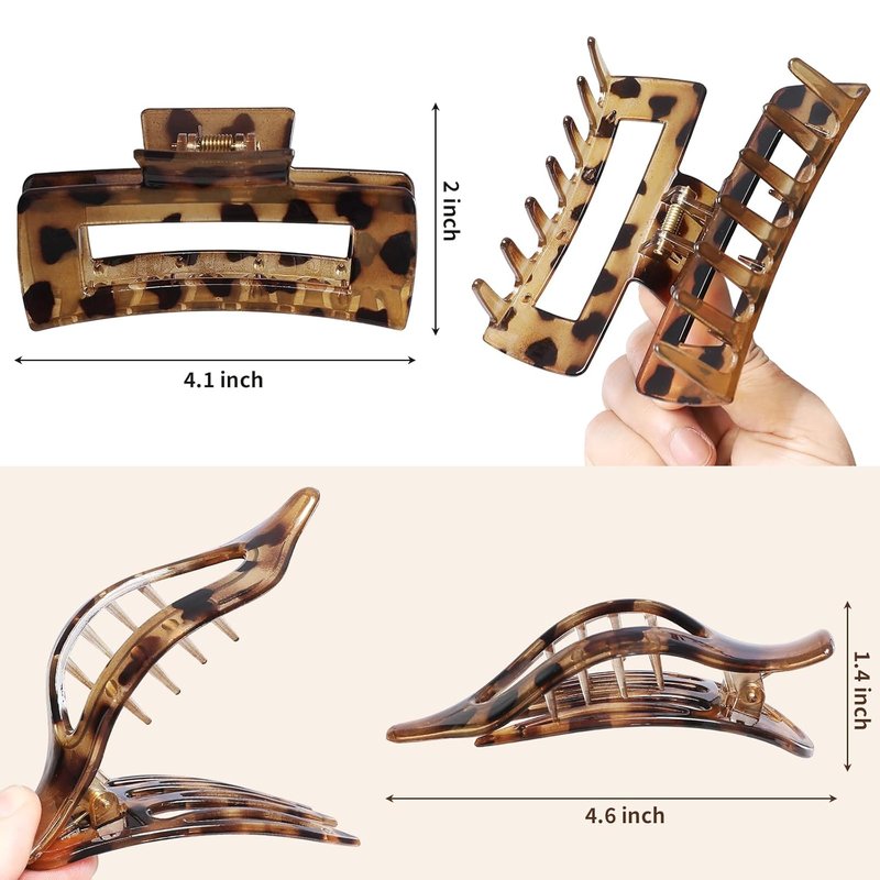 Large Hair Claw Clips for Women - 8 Pcs Square & Flat Clips for Thick or Thin Hair | Leopard Print Design