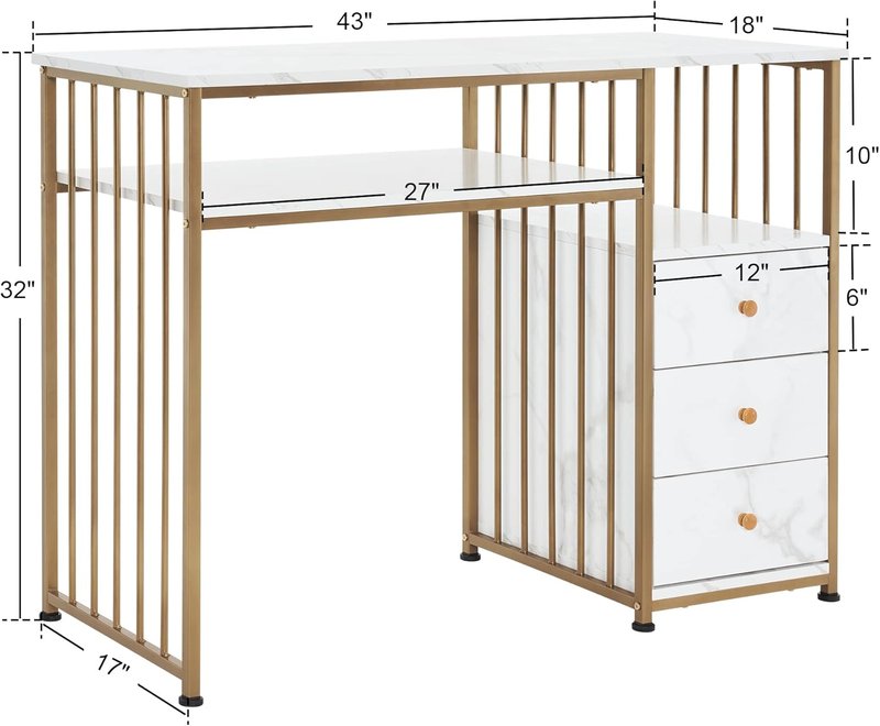 BarberPub Manicure Table - Elegant Golden & Marbling Nail Desk with Storage Drawers | Home Salon Spa Equipment
