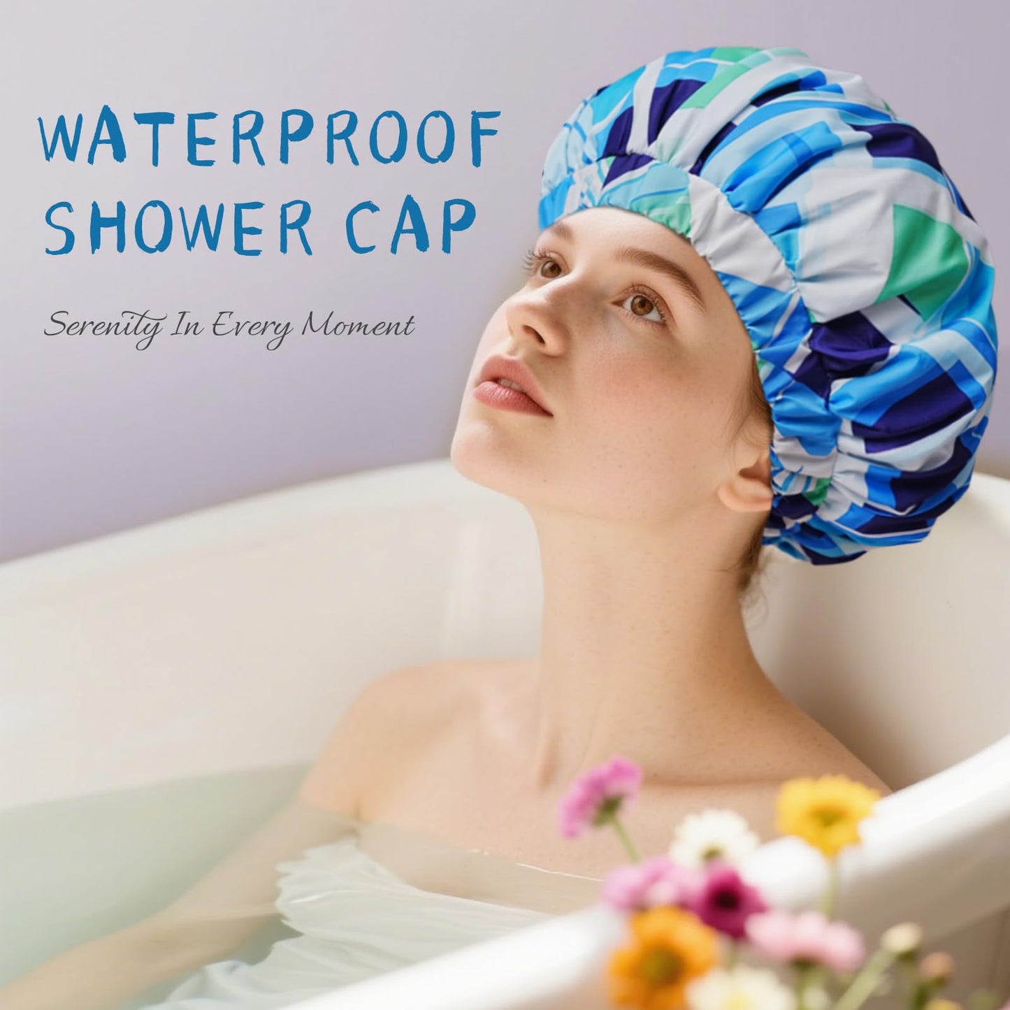 Years Calm Shower Caps for Women Reusable Waterproof, Double-Layer Extra Large Elastic Hair Cap for Shower for Long Hair & Braids, Travel & Home