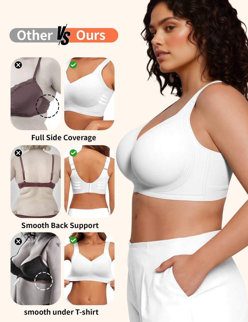 PoseFree Wireless Bras for Women Full Coverage Bra Full Support and Lift No Underwire Back Smoothing Bralette Everyday Bra (White,XL)