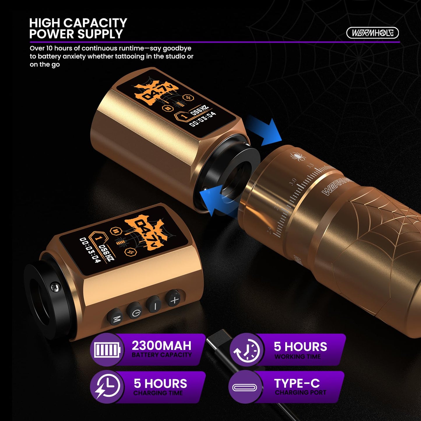 Wormhole 2 PCS 2300mAh Batteries Tattoo Kit Wireless Tattoo Gun Kit Tattoo Machine with 7 Adjustable Strokes, Smart Display with 3 Modes, 3 Memory Slots, WORMHOLEPRO Tattoo Needles & Inks WTK0254
