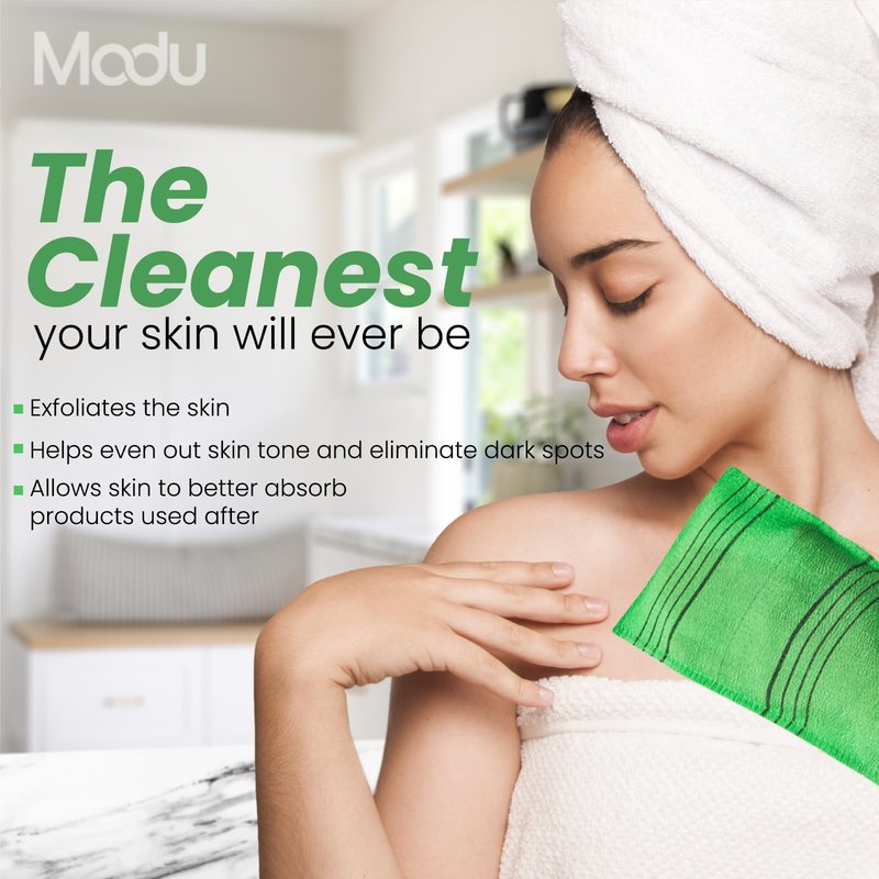 Modu Korean Exfoliating Mitts Large 10PCS (Green) – Exfoliating Gloves Body Scrubber Italy Towel Washcloth for Korean Spa at Home, Dead Skin Remover, 100% Vegan Viscose