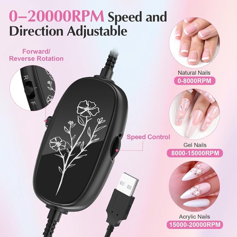 JIASHENG USB Electric Nail Drill - Portable Nail File for Acrylic & Gel Nails | Professional Manicure Kit in Pink