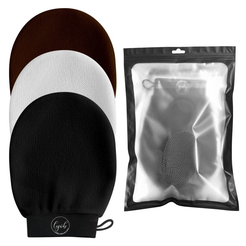 LYOB 5-in-1 Bath Exfoliation Set with 1-Silicone Body Scrubber, 1- Silicone Face Scrubber, and 3-Viscose Exfoliating Gloves for Skin Care, Back Scratcher, Body Scrub and Exfoliating Glove (Black Set)