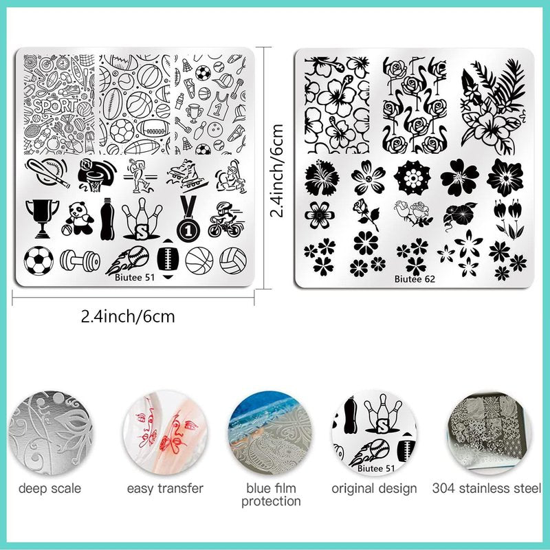Biutee Nail Stamping Plates Set - 15PCS Nail Art Kit with Stamper, Scraper & Storage Bag | Floral & Holiday Designs