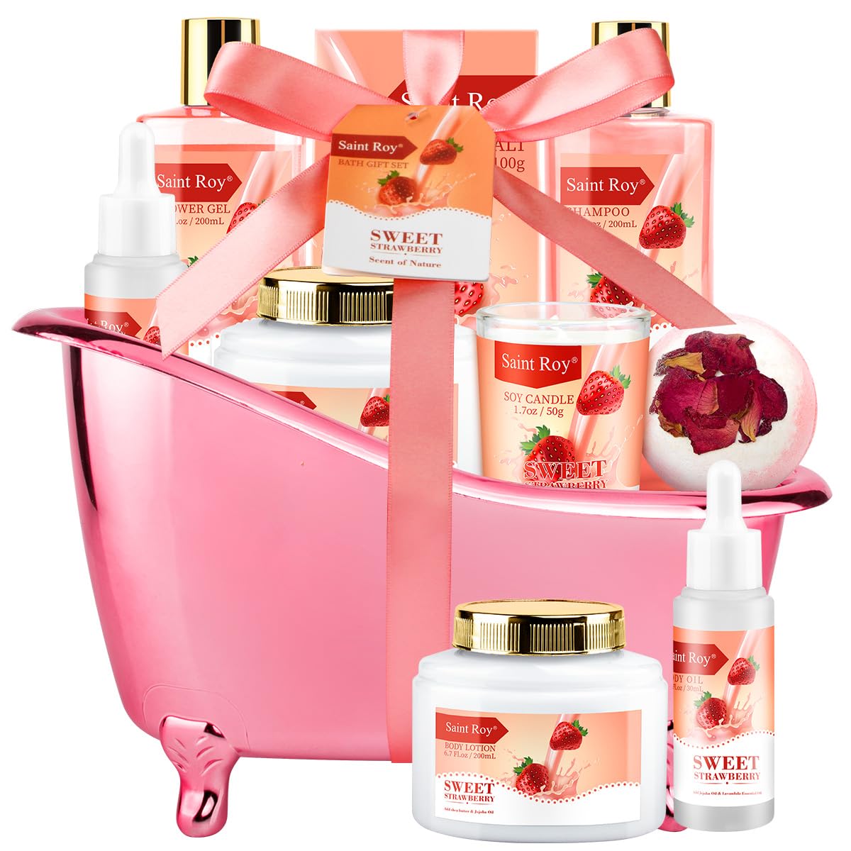 Spa Gift Basket, Spa Kit for Women, Bath & Body Gift Set, Home Spa Bath Gift Basket, Strawberry Scented Bath Set Christmas Gifts, Pamper Kit for Girls & Teens, Birthday Gift, Bath Self Care Gift