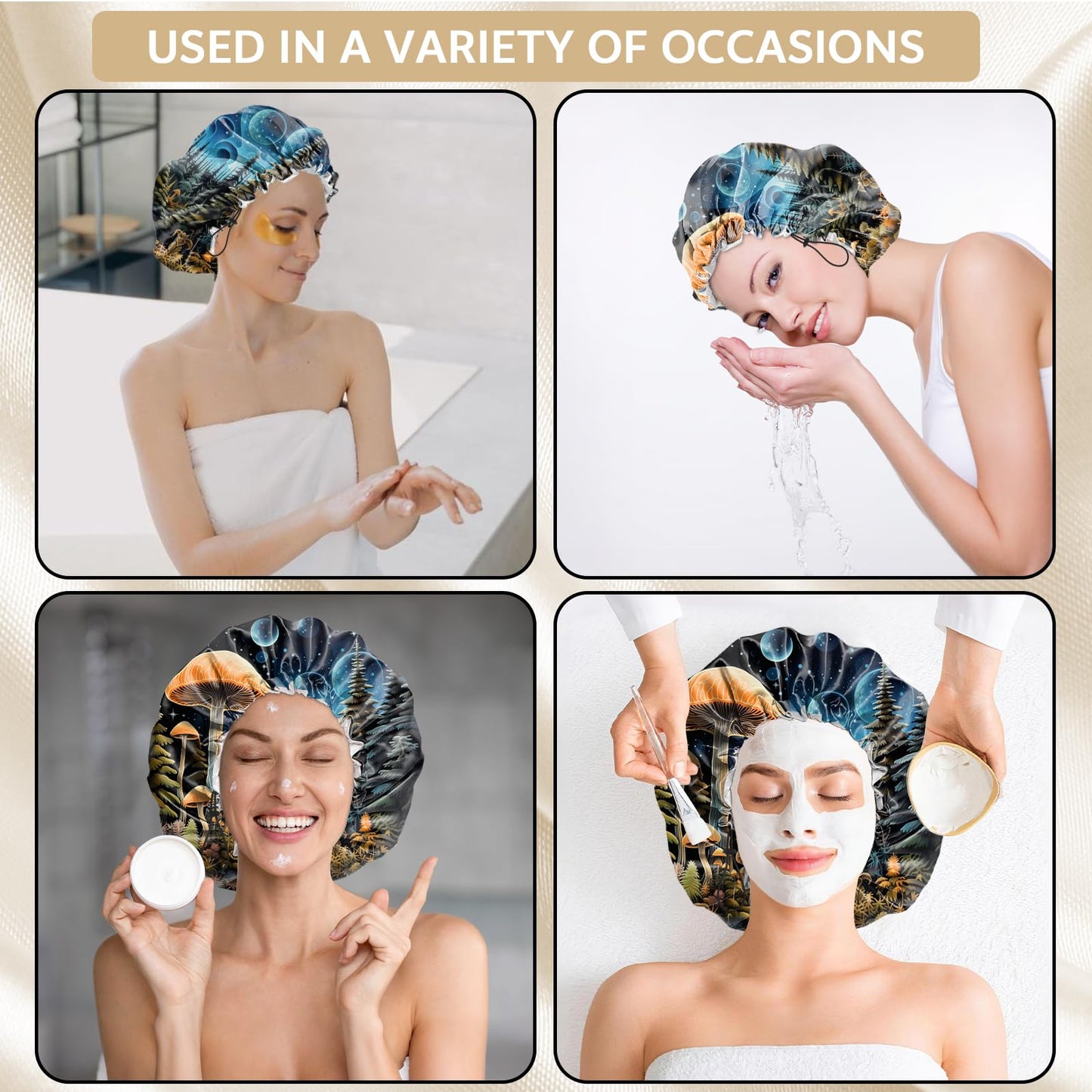 Zewurtuw Shower Cap Adjustable Waterproof Double Layer Elastic Reusable Hair Bath Cap Cute Aesthetic for Women Girls-Blue Mushroom