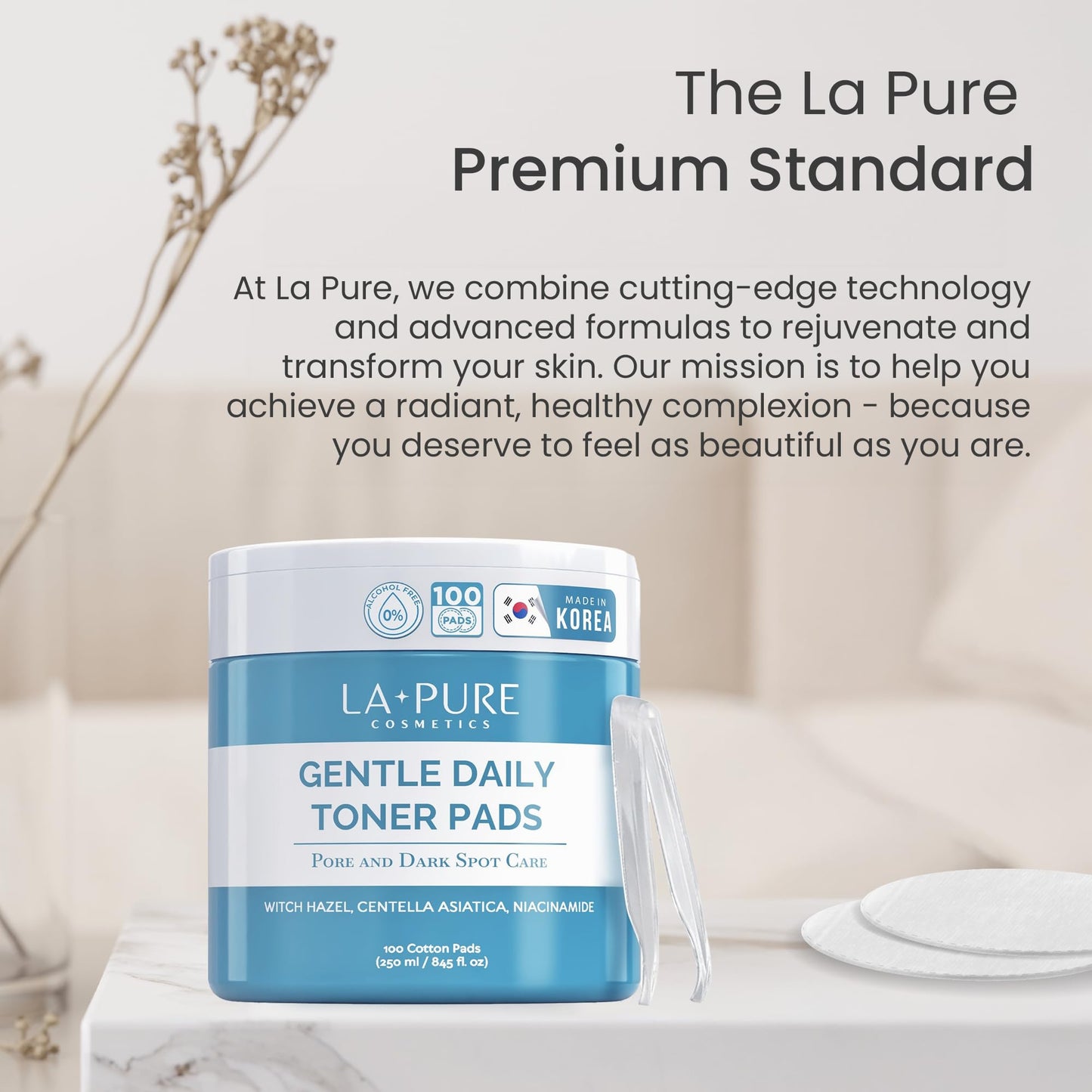 LA PURE Korean Toner Pads for Face - Alcohol-Free Exfoliating Pads with Witch Hazel, Centella Asiatica & Niacinamide to Exfoliate, Hydrate, Refine Pores & Improve Look of Dark Spots, 100 Ct