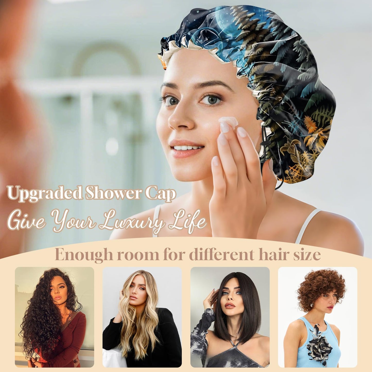 Zewurtuw Luxury Shower Cap Adjustable Reusable Double Waterproof Layer Elastic Satin Lined Hair Bath Cap Cute Aesthetic Women Girls-Blue Mushroom