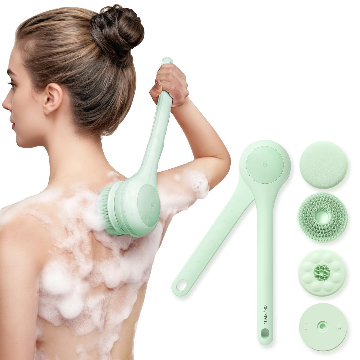 Oh,XIYU. Electric Body Brush Back Scrubber for Shower, Waterproof Long Dual Handle Body Scrubber with 3 Heads, Bath Brush & 2 Speeds, for Cleansing, Exfoliating and Massaging Skin, Pale Cypress Green
