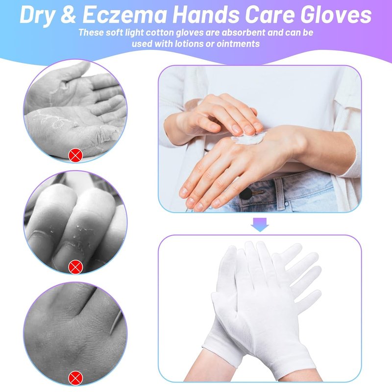 Moisturizing Gloves for Dry Hands - 100% Cotton Overnight Spa Treatment | 6 Pairs, White