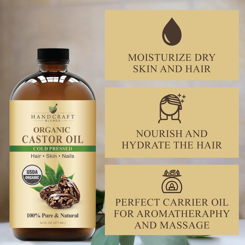 Handcraft Blends Cold-Pressed Organic Castor Oil 16 Fl Oz | Glass Bottle | 100% Pure and Natural | Premium Grade Carrier Oil | Hair, Eyelashes and Eyebrows | Hair and Body