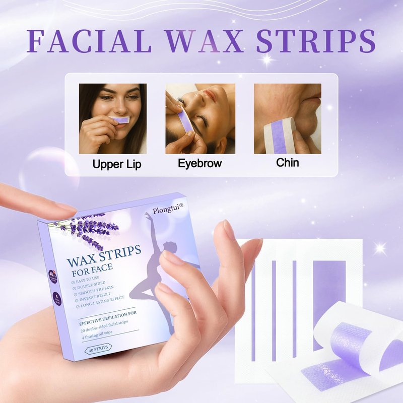 Regine Switzerland Facial Wax Strips - Fast & Gentle Hair Removal for Face, Eyebrow, Upper Lip | 40 Strips + 4 Calming Oil Wipes