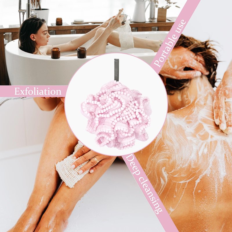 Biiange Pink Loofah, Shower Bath Spong, Soft Shower Loofahs Balls, Globose lace Shower Ball, for Body Wash Scrubber Cleaning Loofah Bathroom Accessories (2Pcs Pink)