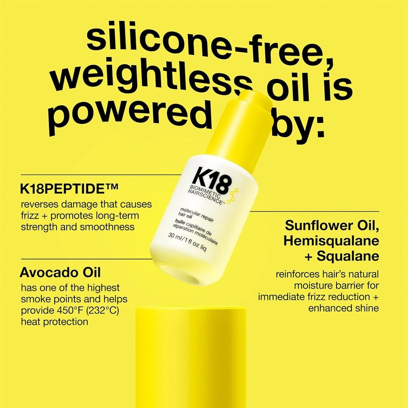 K18 Molecular Repair Hair Oil - Strengthening Peptide Damaged Hair Treatment Oil - 24-Hour Frizz Control + Heat Protectant - Helps Reduce Split Ends + Boost Shine (1 Fl oz)