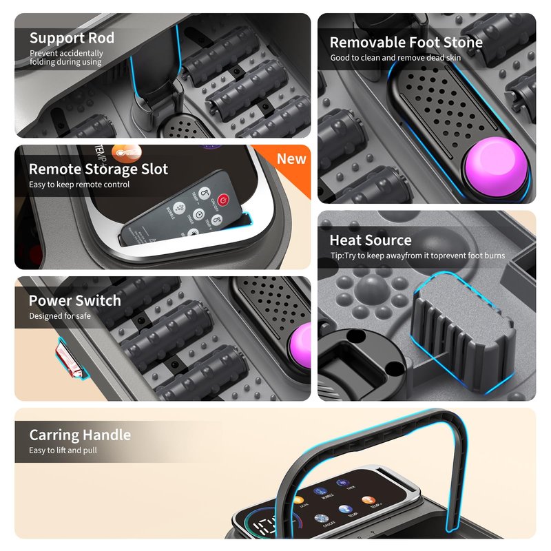 Omnqira Collapsible Foot Spa Bath with Heat and Bubbles, Portable Foot Soaker Tub with XL Touch Screen, Temp Control & Massage Rollers, At-Home Pedicure Spa for Stress Relief