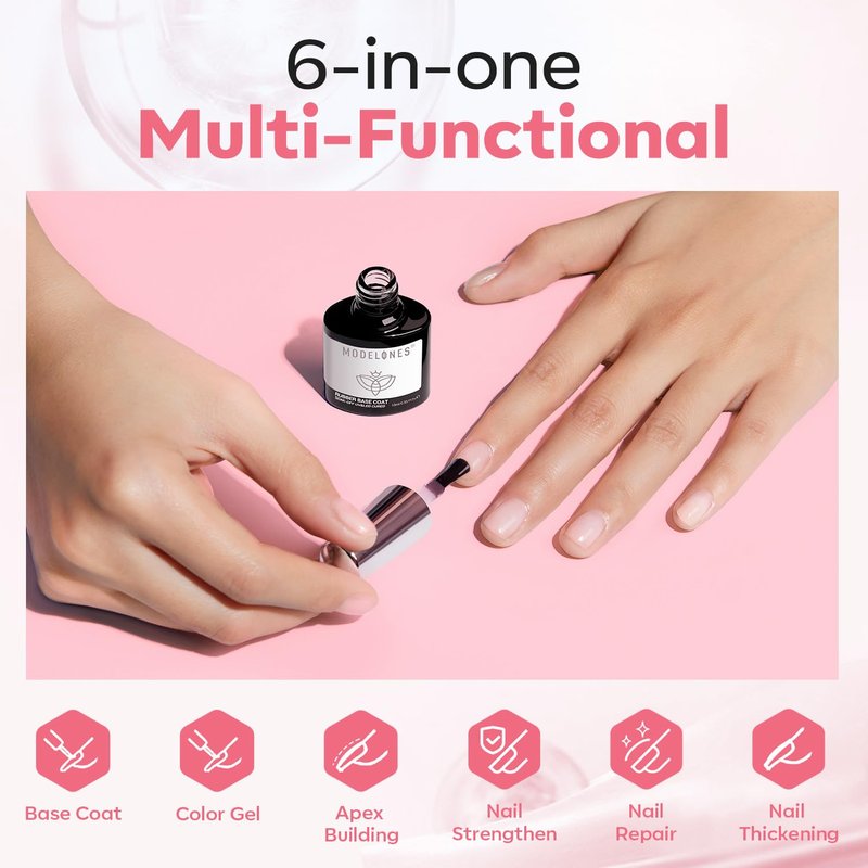 modelones Builder Rubber Base Gel for Nails, Milky Pink Light Baby Color 6 in One Nude Base Coat Strengthen Apex Building Extension Long Last Protect Soak Off Manicure for Fragile Nail Art DIY Home
