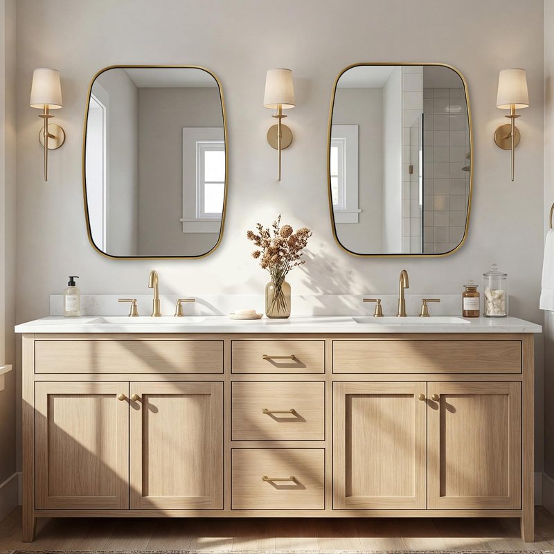 ANDY STAR Brushed Gold Square Oval Bathroom Mirror, 24x32 Inch Brass Oblong Mirrors for Wall, Modern Vanity Mirror in Stainless Steel Metal Squoval Tube Frame, Wall Mount Horizontal or Vertical