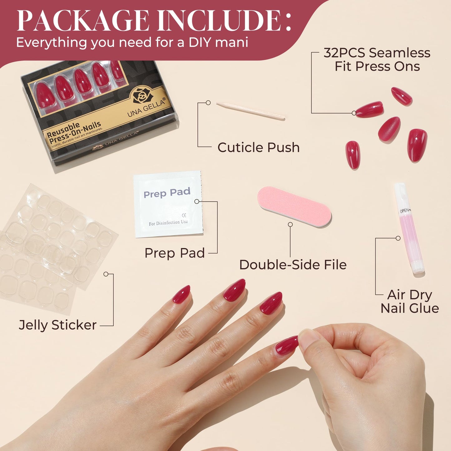 UNA GELLA Red Press On Nails Almond: Valentine's Day Soft Gel Press Ons with Nail Glue, 16 Sizes - 32 Reusable Short Fake Nails Kit, Mani Gift