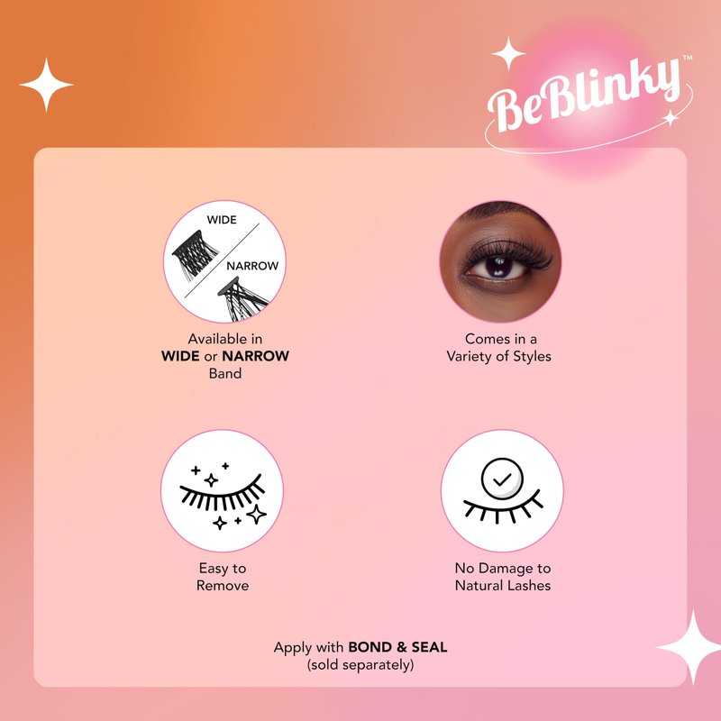 BeBlinky False Eyelashes, Lash Extension Kit 02, 9mm-16mm, Wide Band, Easy to Apply and Remove, No Damage to Natural Eyelashes, 72 Lash Clusters - Wispy