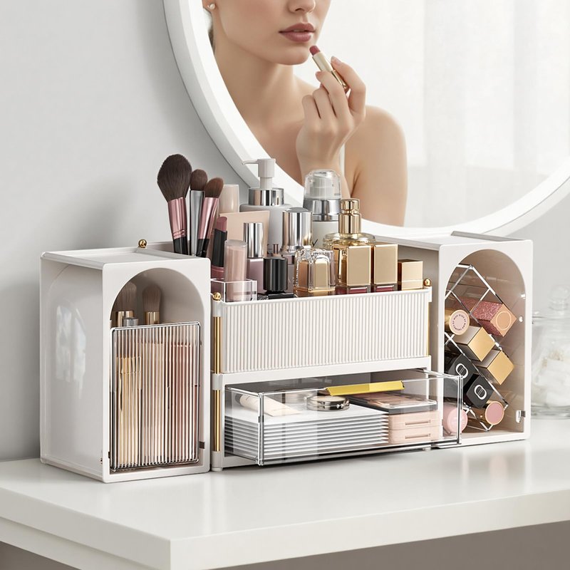 CVGETME Makeup Organizer for Vanity with Brush Holder, Large Bathroom Countertop Cosmetic Organizer Skin Care Storage, Easy to Store Lipsticks, Nail Polishes, Perfumes (White+Transparent)
