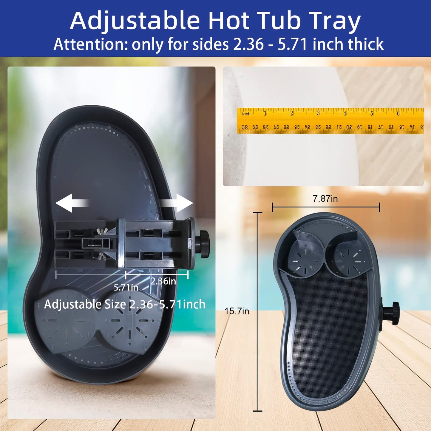 Treerit Adjustable Hot Tub Tray with 2 Cup Holders, Stable, Heavy-Duty, Nonslip Drink Holder for Aboveground Bathtub, Spa with Wall Thickness Of 2'' to 7.5''