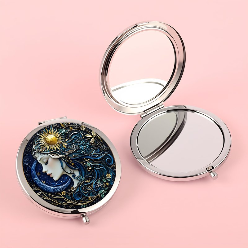 Silver Compact Mirror, 2.8x2.8inch Double-Sided Folding Makeup Mirror with Sun Moon Goddess Design, Ideal Gift for Women