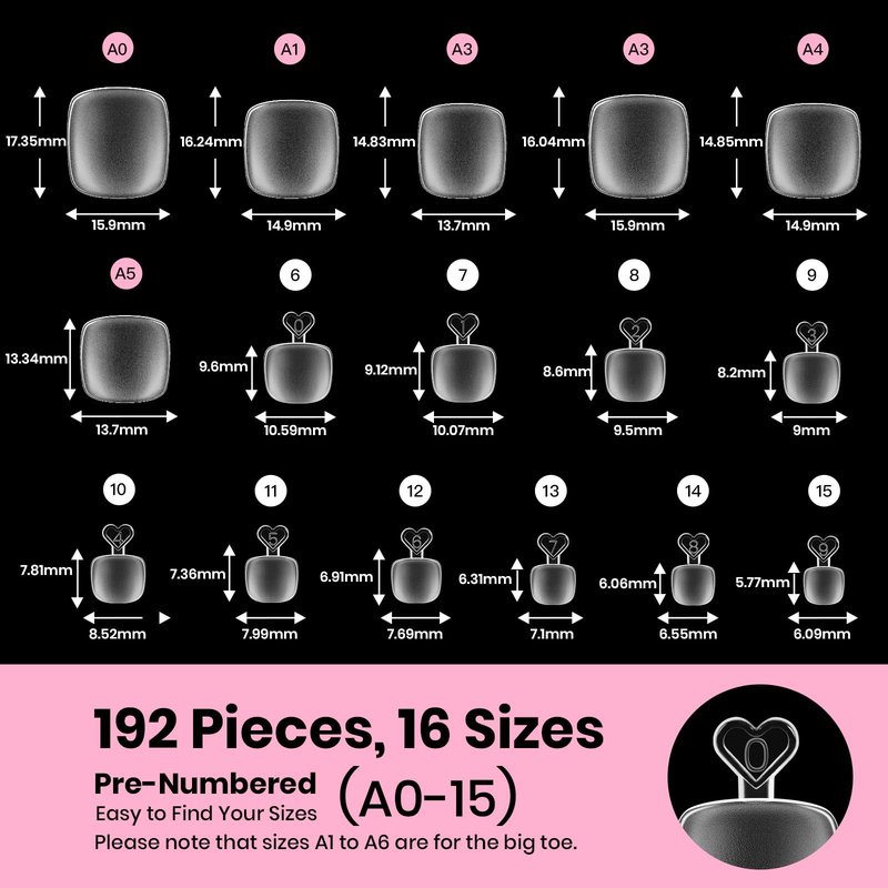 Beetles Soft Gel Toe Nail Tips Square - 16 Sizes 192 Pcs Full Cover Nail Tips Fake Acrylic Toe Nail Pre-etched Double Matte Press on Toenails, Toe Nail Extensions for Women
