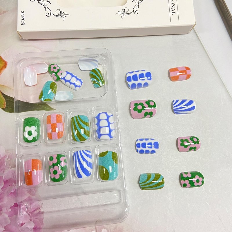 Colorful Press-On Nails - 24Pcs Short Square Acrylic Nails with Flower & Stripe Designs | Full Cover Glossy Artificial Nails for Women