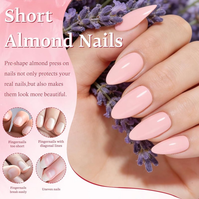 Press On Nails Short Almond - Baby Pink 160 Pcs Set with 5 Jelly Tabs | 16 Sizes for Women