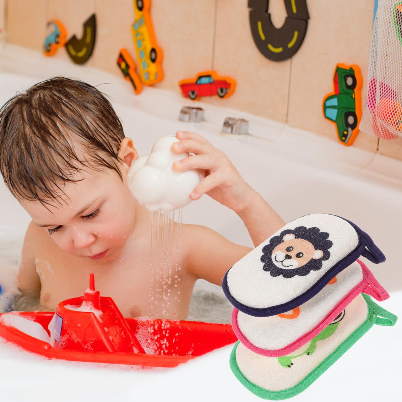 JECOMPRIS Baby Bath Sponge 3-Pack Cartoon Animal Infant Bath Scrubber Soft Newborn Sponge for Gentle Body Cleaning and Massage with Hanging Hook