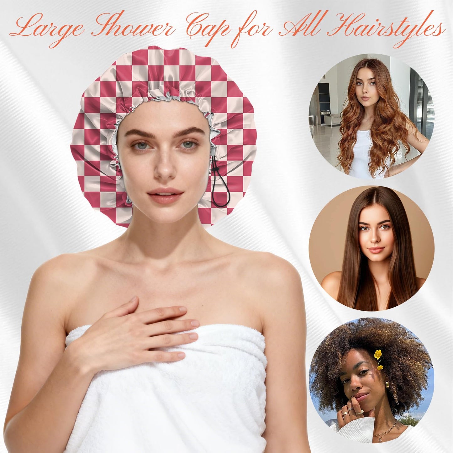 BHAHB Shower Cap Reusable Double Layer Adjustable Elastic Waterproof EVA Hair Bath Caps for Women Girls Cute Aesthetic-Pink Checkered
