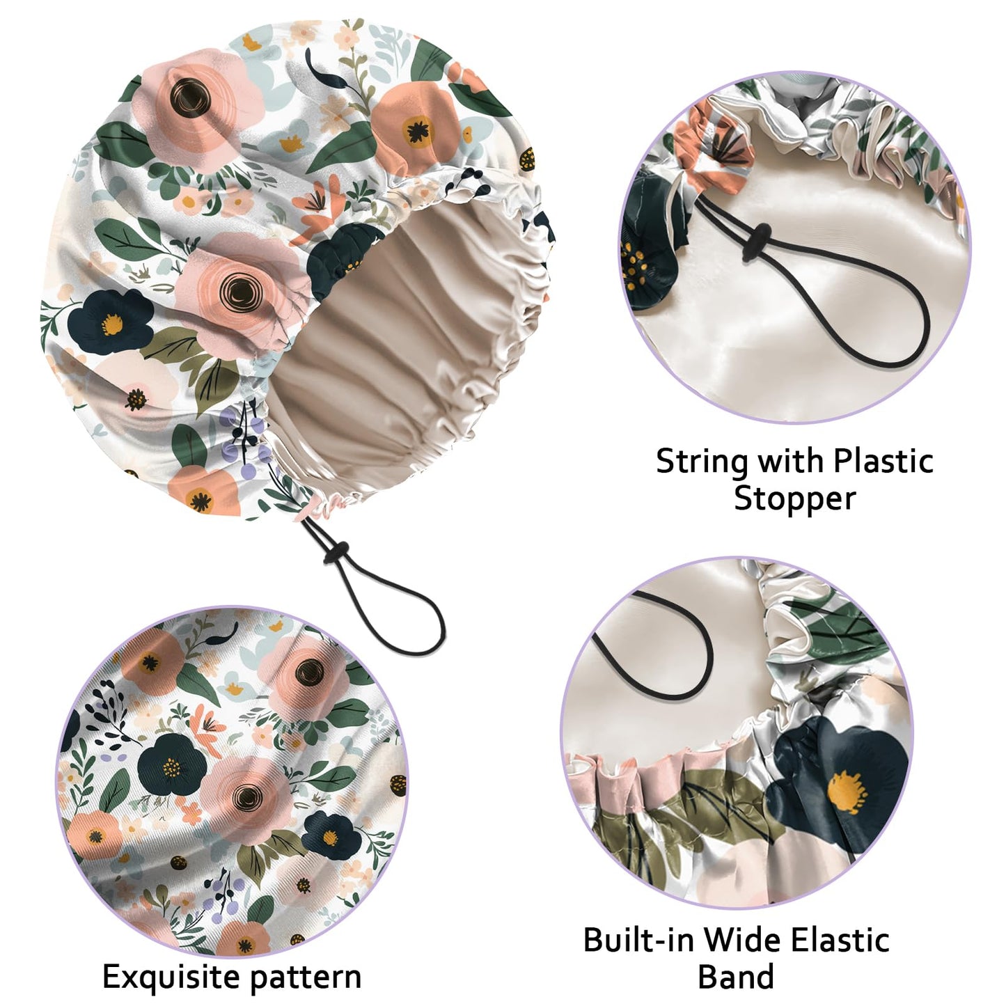 Deokke Luxury Shower Cap Silk Satin Lined Waterproof Reusable Adjustable Elastic Dry Hair Bathing Caps Cute for Women Girls-Flower