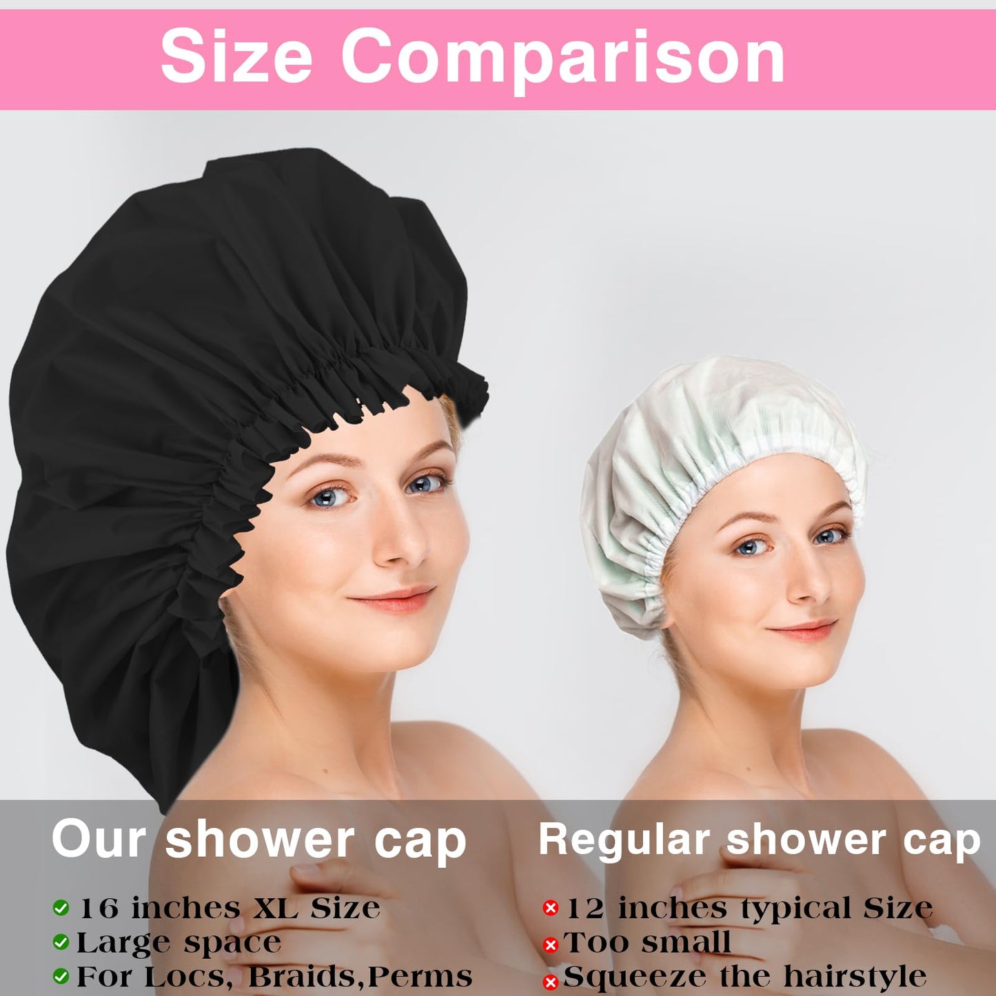 2 PCS Large Shower Cap for Braids - Waterproof Shower Cap for Women, Reusable XL Plastic Shower Caps Jumbo Bath Bonnet for Long Thick Curly Hair, Locs, Twist Braids (Black&Pink)