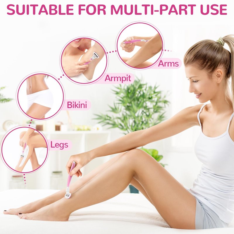 Razors for Women Include 2 Non-Slip Handles and 14 Blade Refills with a Shower Holder, 5 Premium Blades Women's Razors for Shaving with 360° Lubrication Reduces Irritation, Pink