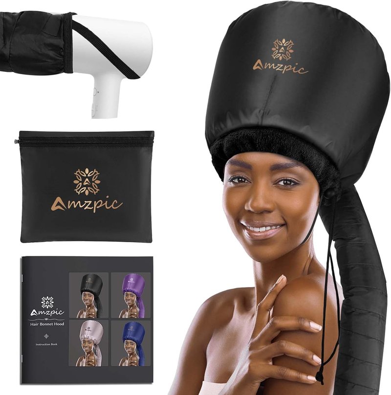 Bonnet Hood Hair Dryer Attachment - Integrated Headband for Faster Drying | Adjustable Black Design